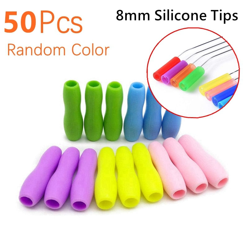 50Pcs/lot Colorful Glass Straw Reusable Drinking Straws Set with Cleaning Brush Wine Cocktail Glass for Party Favors Bar Drinks