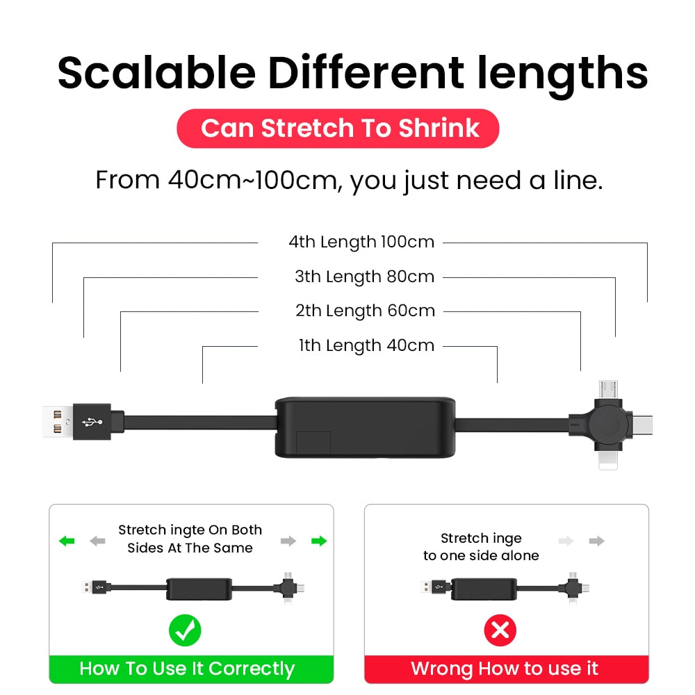 4 In 1 Retractable 8 Pin/USB Type C/Micro USB Cable For iPhone14 13 Pro 1m Mobile Phone Charger Data Kable Cord With Phone Stand