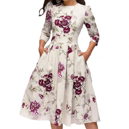 Fashion Women Dress Elegant Fashion Floral Print 3/4 Sleeve Round Neck A-line Slim Fit Ruched Prom Evening Party Dress Plus Size