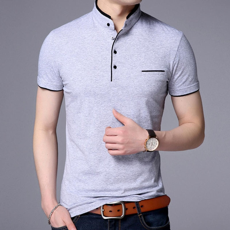 Liseaven Men Mandarin Collar T-Shirt basic tshirt male short sleeve shirt Brand New Tops&amp;Tees Cotton T Shirt