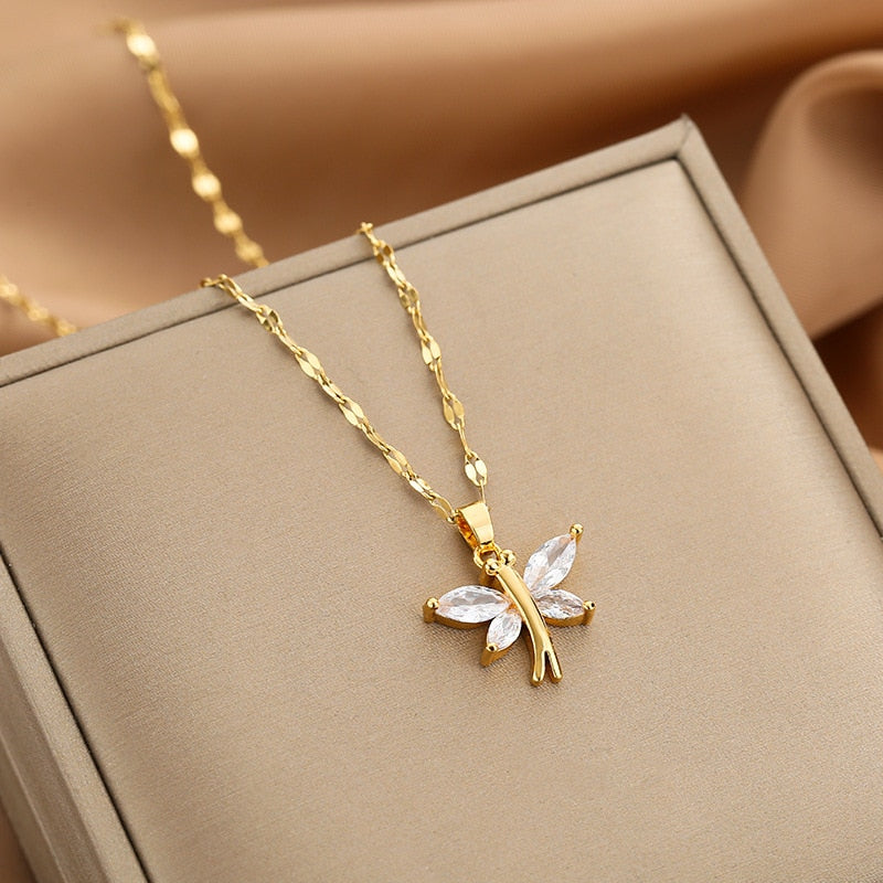 Gold Color Necklace for Women Zircon Jewelry Pendant Necklace Stainles Steel Mermaid Heart Butterfly Stainless Steel Sunflower