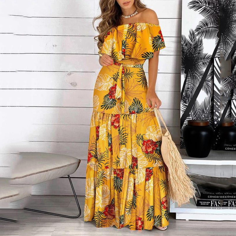 2022 New Fashion Leopard Robe Print Long Dress Ruffle Maxi Sundress Bohemian Women Summer Sexy Casual Elegant Strapless Vestidos