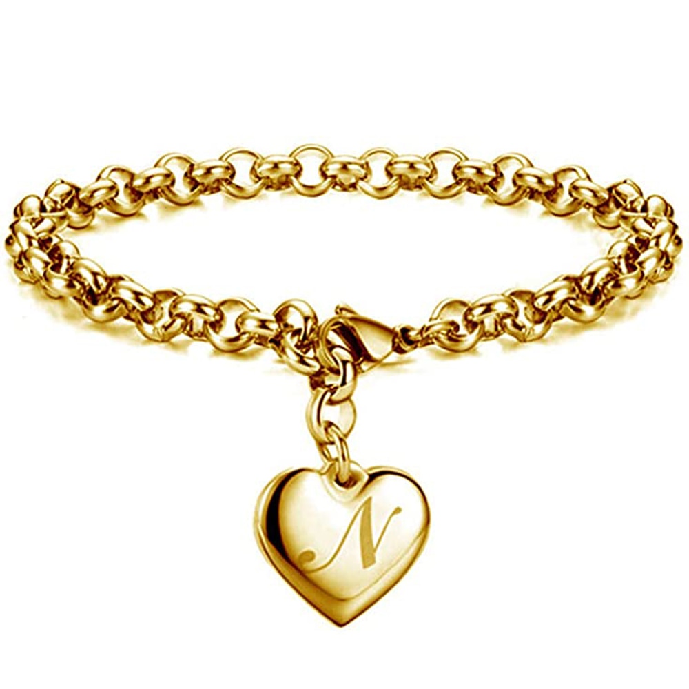 Initial Charm Gold-Color Bracelets Stainless Steel Heart 26 Letters Alphabet Bracelet for Women Girls Kids Gifts