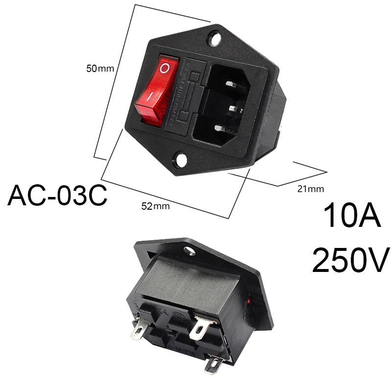 2 3 Pin IEC320 C14 Electrical Power Socket LED 250V Rocker Switch Brass 10A C6 Fuse Inlet Plug Connector Computer Mount Outlet