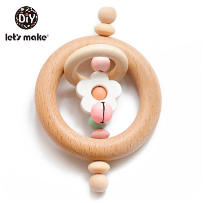 Let&#39;s Make 1pc Baby Toys Silicone Baby Teether Beech Wooden Ring Hand Teething Rattles Musical Chew Play Gym Montessori Stroller