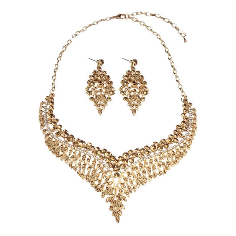 New Crystal Statement Necklace Earrings Set Fashion Women Rhinestone Choker Jewelry Sets Indian Bridal Wedding Costume Jewellery