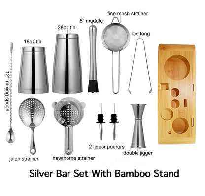 Cocktail Shaker Bar Set: Weighted Boston Shakers, Cocktail Strainer Set,Jigger, Cocktail Muddler,Spoon, Ice Tong,Pourers