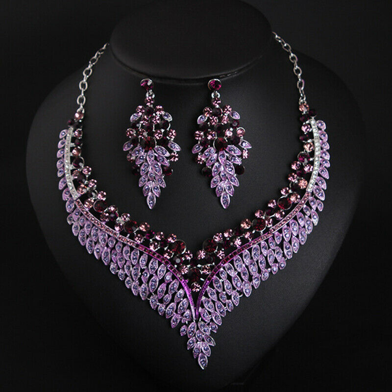 New Crystal Statement Necklace Earrings Set Fashion Women Rhinestone Choker Jewelry Sets Indian Bridal Wedding Costume Jewellery