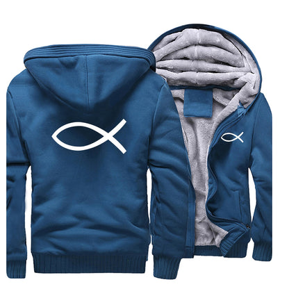 2022 Winter Mens Thick Sweatshirt Christian JESUS fish Hoodies  Brand Zipper Jacket Warm Fleece Thicken Coat Casual Streetwear