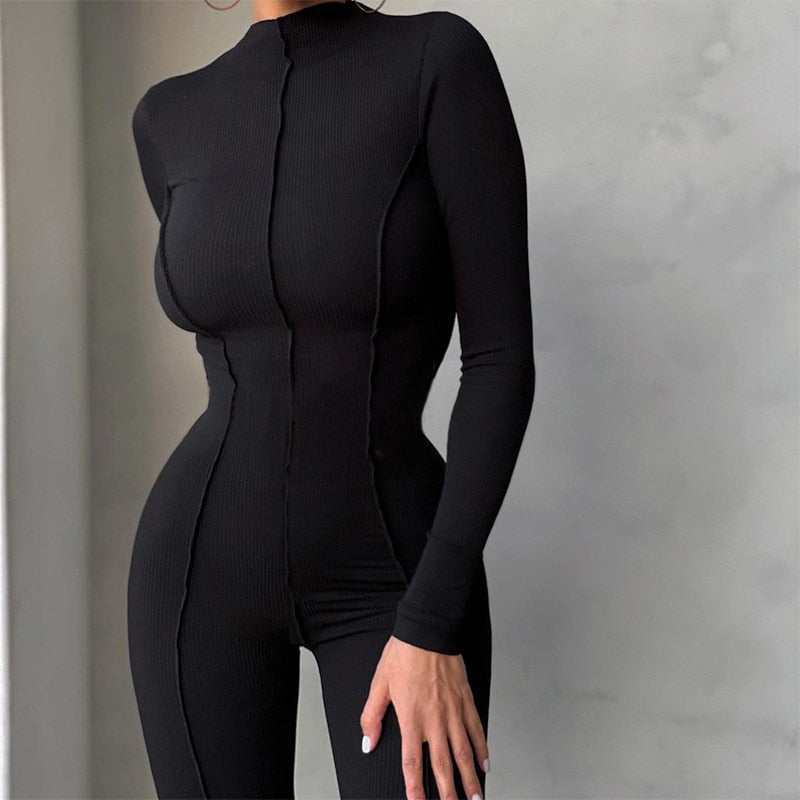 Inwoman Fall Bright Line Decoration Black Jumpsuit Women One Piece Sexy Club Outfit For Women Long Sleeve White Bodycon Jumpsuit