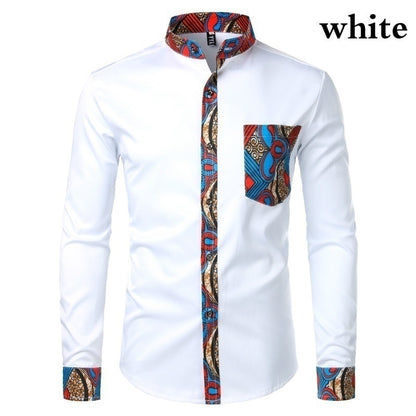 Dashiki African Mens Shirt Patchwork Pocket Africaine Print Shirt Men Ankara Style Long Sleeve Design Collar Mens Dress Shirts