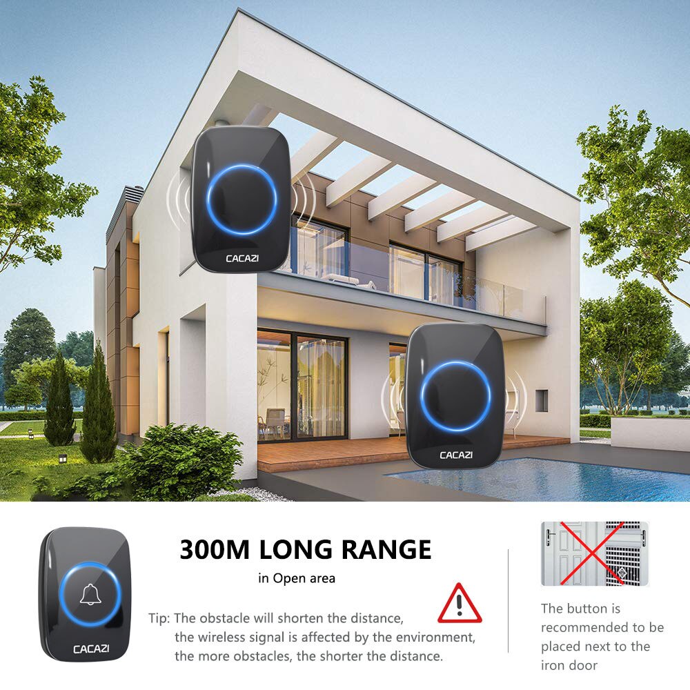 CACAZI 60 Chime 110DB 300M Wireless Doorbell Waterproof Remote EU AU UK US Plug Smart Door Bell Battery 1 Button 1 2 3 Receiver