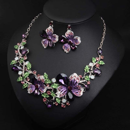 Fashion Multicolor Flower Necklace Earring Set Bridal Crystal Jewelry Sets Statement Choker Fashion Rhinestone Bib Wedding Party