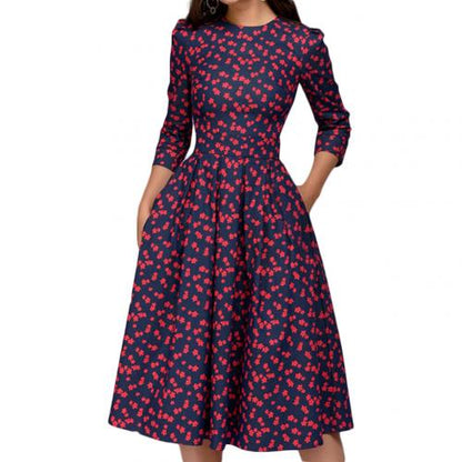 Fashion Women Dress Elegant Fashion Floral Print 3/4 Sleeve Round Neck A-line Slim Fit Ruched Prom Evening Party Dress Plus Size