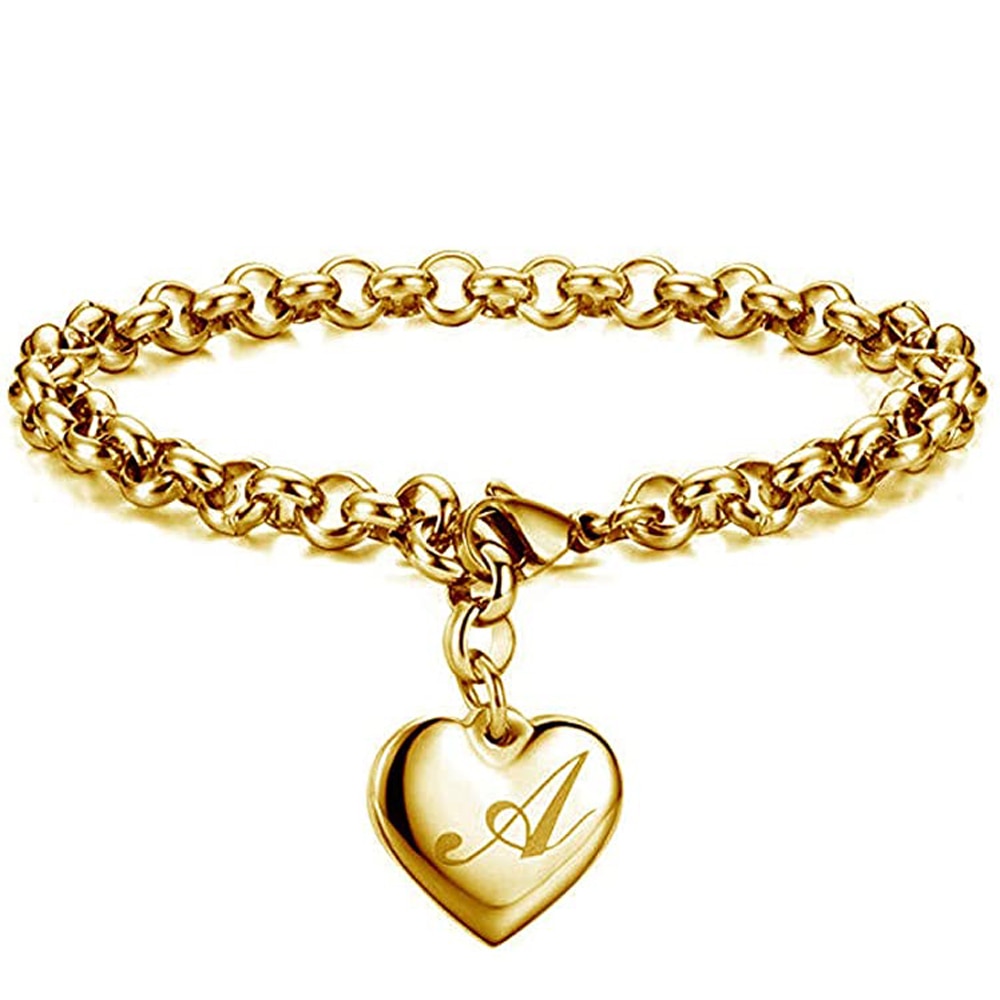 Initial Charm Gold-Color Bracelets Stainless Steel Heart 26 Letters Alphabet Bracelet for Women Girls Kids Gifts