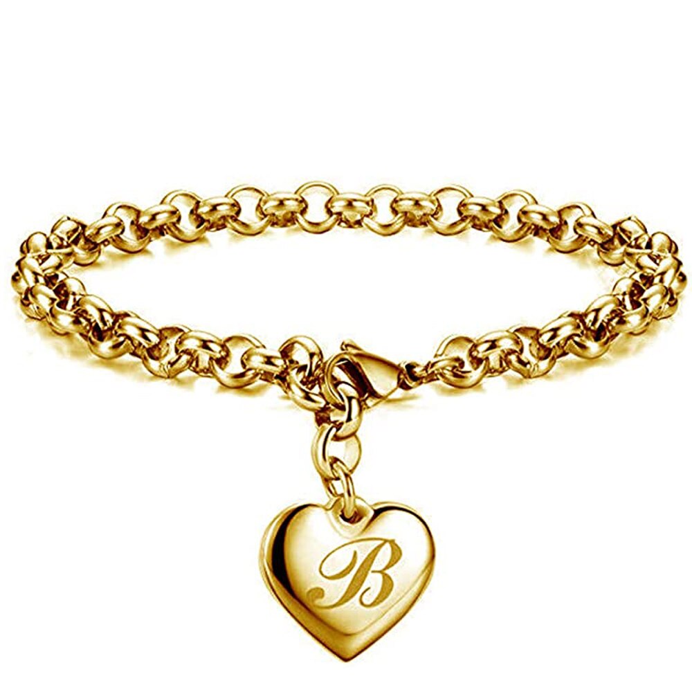 Initial Charm Gold-Color Bracelets Stainless Steel Heart 26 Letters Alphabet Bracelet for Women Girls Kids Gifts