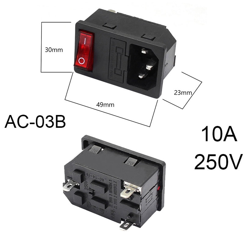 2 3 Pin IEC320 C14 Electrical Power Socket LED 250V Rocker Switch Brass 10A C6 Fuse Inlet Plug Connector Computer Mount Outlet