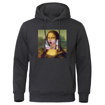 Gioconda Mona Lisa Hoodies Lollipop Lips Hoody Spring Autumn Mens Clothes Warm Sweatshirt Hip Hop Streetwear Funny Men Pullover