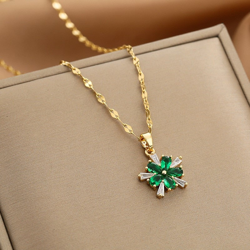 Gold Color Necklace for Women Zircon Jewelry Pendant Necklace Stainles Steel Mermaid Heart Butterfly Stainless Steel Sunflower