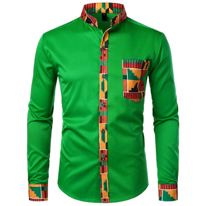 Dashiki African Mens Shirt Patchwork Pocket Africaine Print Shirt Men Ankara Style Long Sleeve Design Collar Mens Dress Shirts