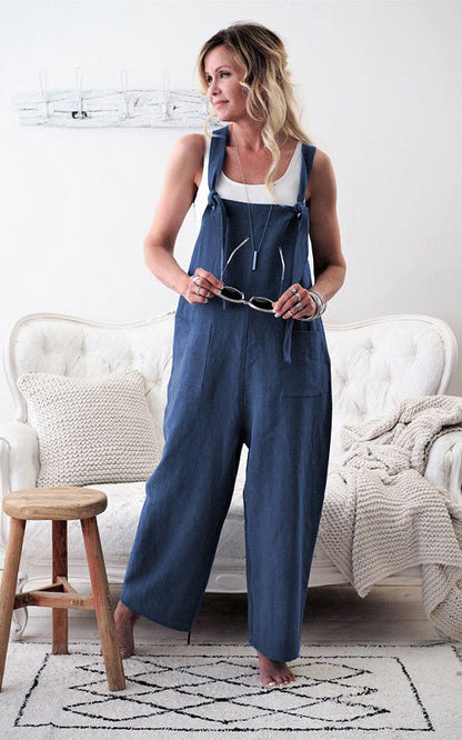 Rompers 2020 New Brand Women Casual Loose Cotton Linen Solid Pockets Jumpsuit Overalls Wide Leg Cropped Pants hot