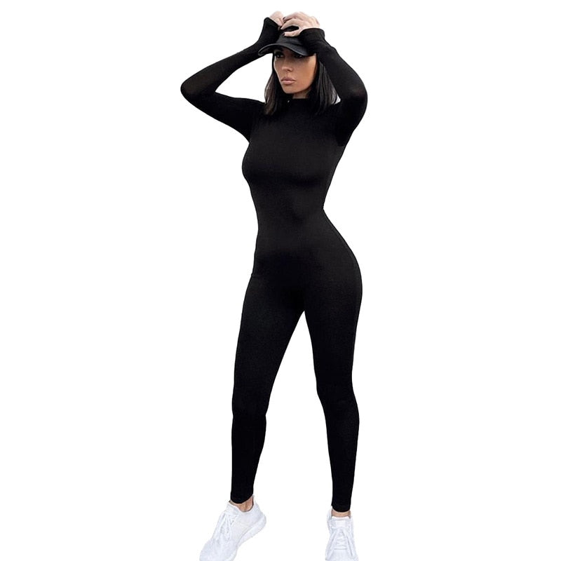 2021 Solid Black/Gray Long Sleeve Skiing Jumpsuit Women Elastic Hight Outfit Fashion Fitness Sportwear Slim Rompers Streetwear