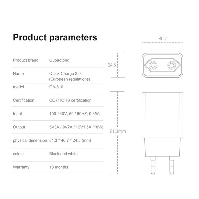 18W QC 3.0 USB Charger Quick Charge 3.0 Fast Charging Mobile Phone Charger Cable for Samsung Xiaomi huawei LG SONY Wall Adapter