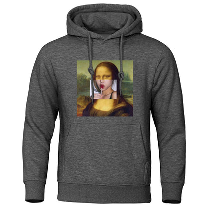 Gioconda Mona Lisa Hoodies Lollipop Lips Hoody Spring Autumn Mens Clothes Warm Sweatshirt Hip Hop Streetwear Funny Men Pullover