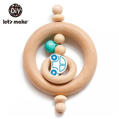 Let&#39;s Make 1pc Baby Toys Silicone Baby Teether Beech Wooden Ring Hand Teething Rattles Musical Chew Play Gym Montessori Stroller