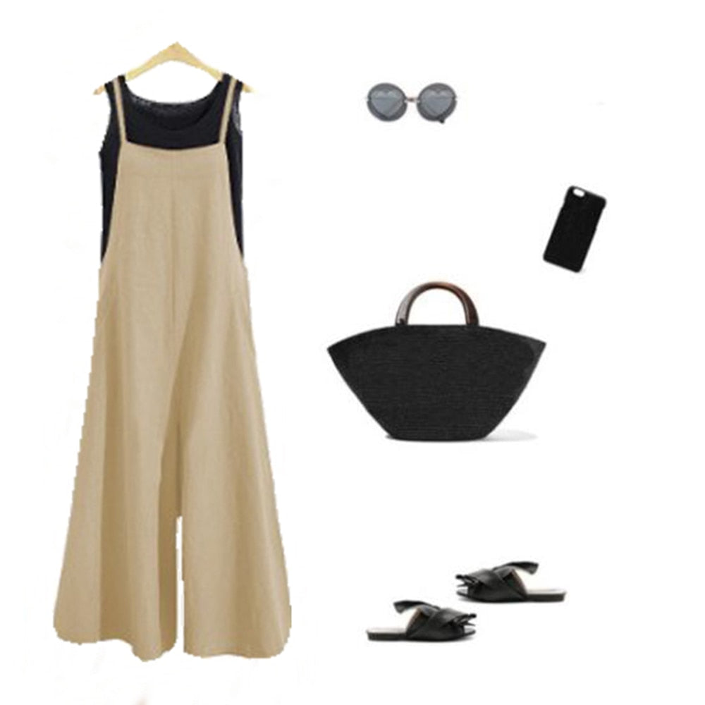 Casual Loose Jumpsuit Women Summer Solid Cotton Linen Straps Wide Leg Pants Dungaree Bib Overalls Sleeveless Oversized Jumpsuits