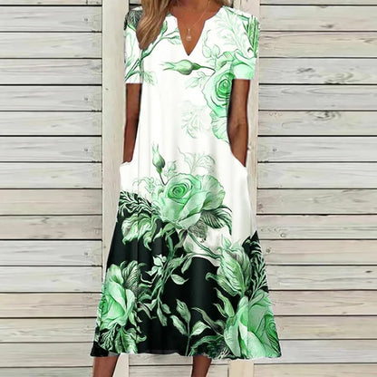 Spring Women Flora Dress Printed Boho Casual V Neck Dress Mid Calf Loose Elegant Ladies Skirt Pockets Vintage Style