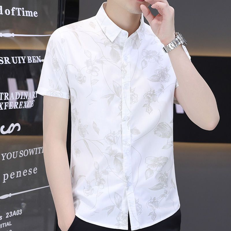 Korean Casual Trend Floral Printed Short Sleeve Shirt for Men Fashion Vintage Polo-Neck Single-breasted Shirt Male Clothes 2023