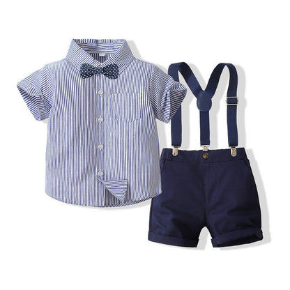 Summer Baby Boys Party Dress Suit Cotton Short Sleeve With Shirt + Belt Shorts 2PCS Outfits Kids Boys Gentleman Clothes Sets