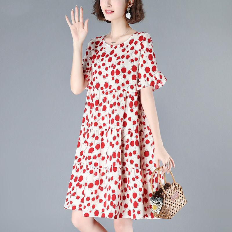 Female Clothing Casual Dot Printed A-Line Dresses Summer Butterfly Sleeve Korean Round Neck All-match Loose Spliced Midi Dress