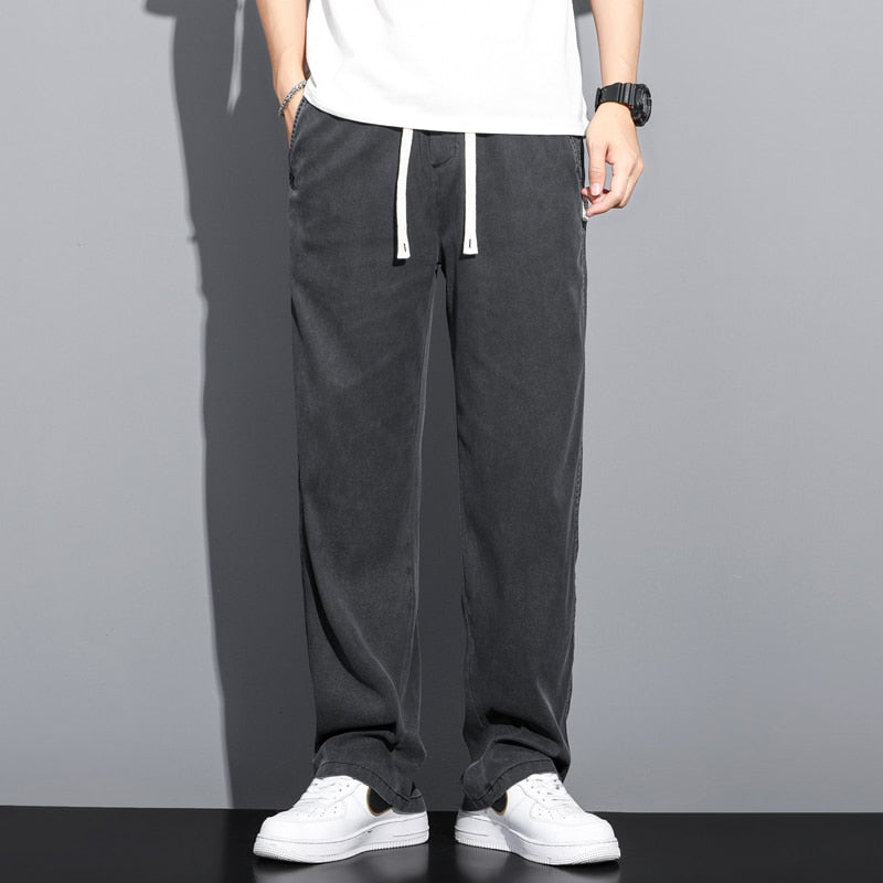 Summer Soft Lyocell Fabric Men&#39;s Jeans Thin Loose Straight Pants Drawstring Elastic Waist Korea Casual Trousers Plus Size M-5XL