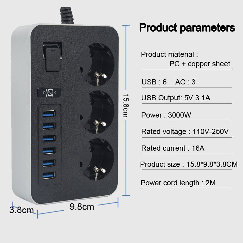 Multiprise EU Plug Socket Power Strip With USB Extension Cord Smart Home Network Filter Overload Protection Outlet AC Electrical