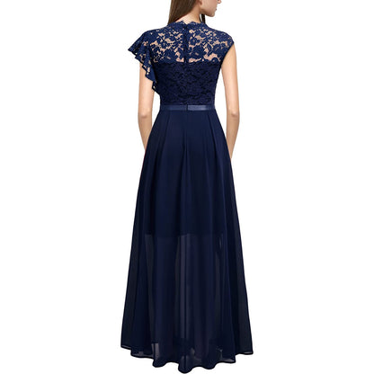 Women&#39;s Elegant Floral Lace Patchwork Chiffon Formal Dress RufflesSplit Bridesmaid Party Maxi Dress