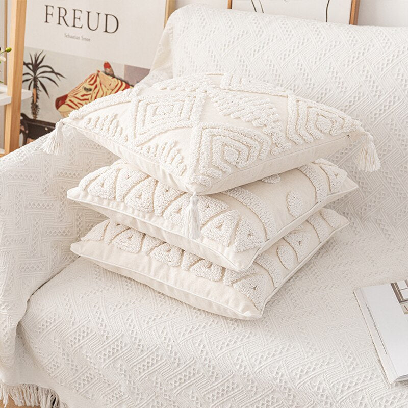 Morocco Tufted Throw Pillow Case with Tassels Boho Farmhouse Cushion Covers for Sofa Couch Home Décor 45x45cm Cream Beige TJ7143