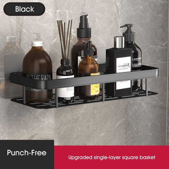 Punch-free Bathroom Shelf Shelves Wall Mounted Shampoo Storage Rack For Kitchen Holder Square Aluminum Bath Organizer Accessorie