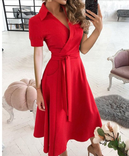 Spring And Summer Women&#39;s Fashion Long Sleeve V-Neck Butterfly Print Wrapped Hip Dress Women&#39;s Red Pocket Lace Up Slim Fit Dress