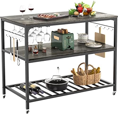 Island with Wine Glass Holder, Industrial Wood and Metal Coffee Bar Wine  Table, 3 Tier Spacious Kitchen Prep Table Extended Cou