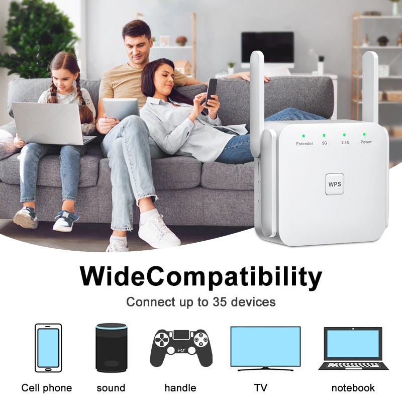 5Ghz AC1200 WiFi Repeater 1200Mbps Router WiFi Extender Amplifier 2.4G/5GHz Wi-Fi Signal Booster Long Range Network Access Point