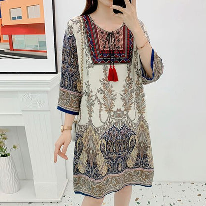 Women's Clothing Women Indian Dress Ready Stock Summer Vintage Causal Korean Style Beach Embroidery Tassel Floral Print Vestidos