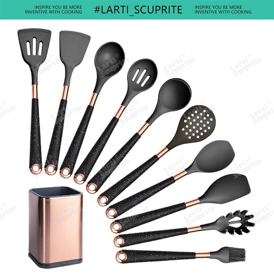 Quality Silicone Kitchen Utensils Set Gold Plated Accessories Handle Non-stick Kitchenware Heat Resistant Cooking Serving Tools