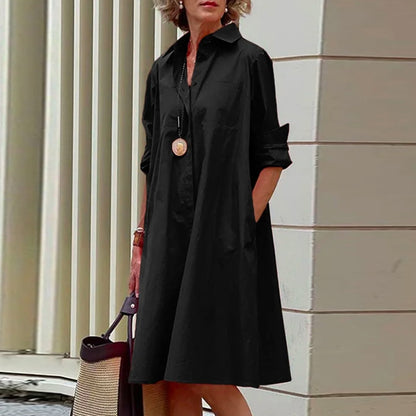 Autumn New Simple Shirt Dress Casual Solid Color Long Sleeves Fashion Turn-down Collar Elegant Pocket Streetwear Female Dresses