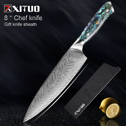 XITUO 1-5 PCS Damascus Steel knife Set Kitchen Cooking Tools Chef Knife Japanese Santoku Boning knife Exquisite Shell Handle