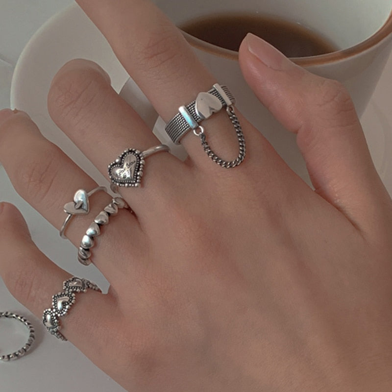 Vintage Hollow Heart Butterfly Rings Set For Women Metal Silver Color Geometric Spiral Shape Ring 22pcs Set 2023 Trendy Jewelry