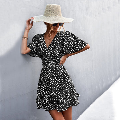 Sexy V Neck Mini Dress For Women Fashion Floral Slim Short Dresses Female Lotus Leaf Sleeve Elegant Dress Summer Vestido Mujer