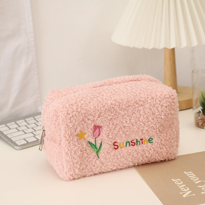 Large Capacity Plush Cosmetic Storage Bag Women Makeup Organizer Handbag Stationery Bag Pencil Case Pencilcase Pen Box Supplies