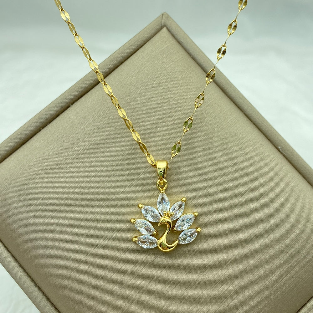 Gold Color Necklace for Women Zircon Jewelry Pendant Necklace Stainles Steel Mermaid Heart Butterfly Stainless Steel Sunflower